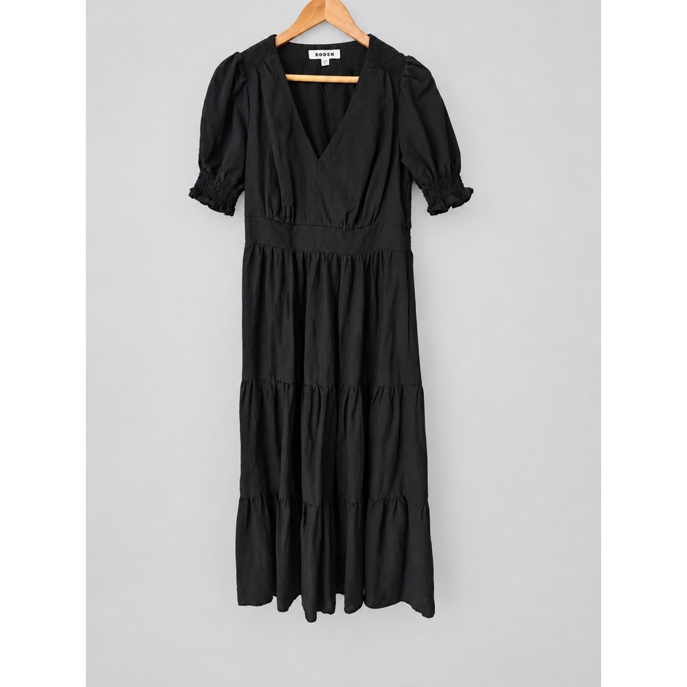 Boden Black Linen Blend Tiered Midi Dress V-Neck Puff Sleeve Smocked Back US 6R